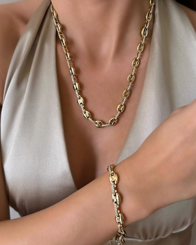 Zircon Diamond Necklace & Bracelet Set – Gold Plated Stainless Steel, Elegant Jewelry for Women