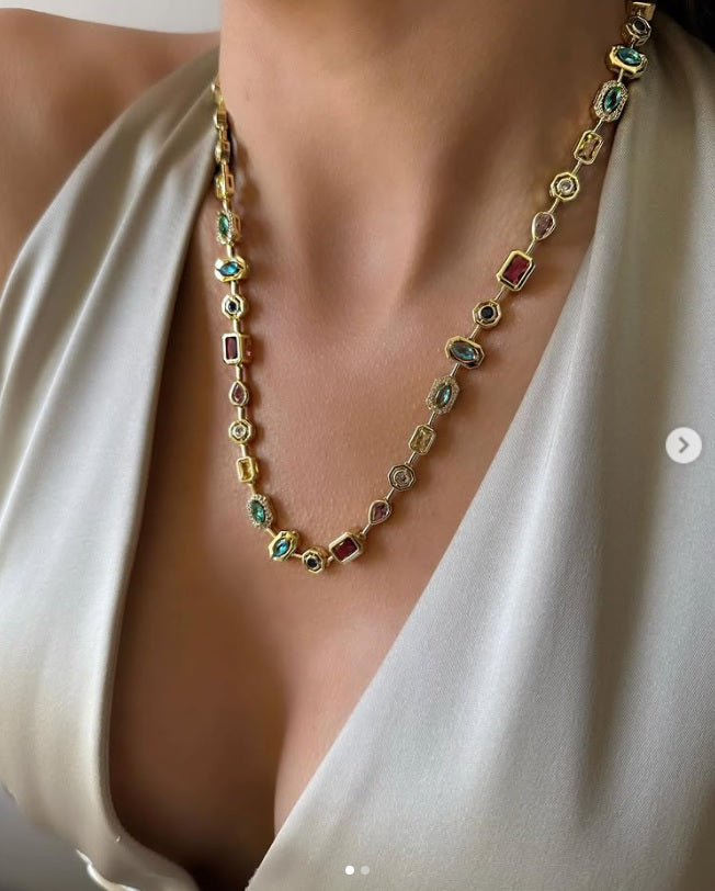 Colorful Zircon Diamond Necklace Gold Plated Stainless Steel Elegant Jewelry for Women