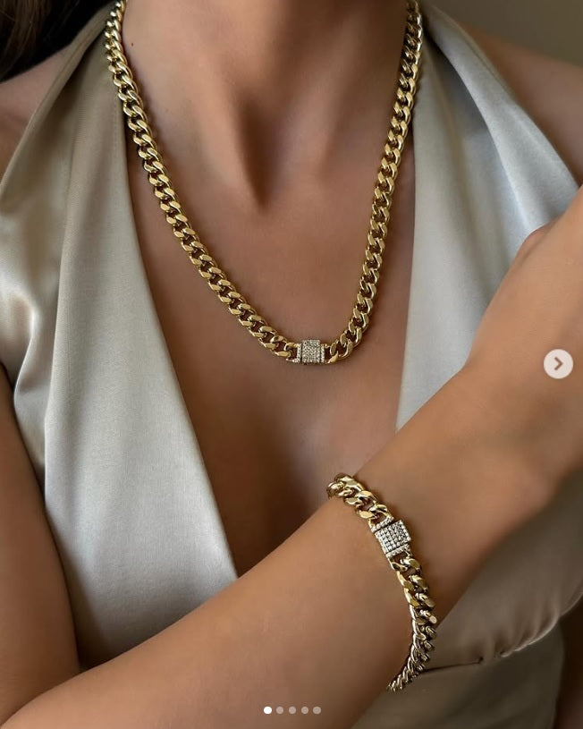 Square Zircon Diamond Necklace & Bracelet Set – Gold Plated Stainless Steel, Elegant Jewelry for Women
